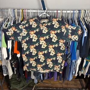 Vintage Bugle Boy Mens Medium Floral Fish Tropical Pique Polo Shirt Navy Blue